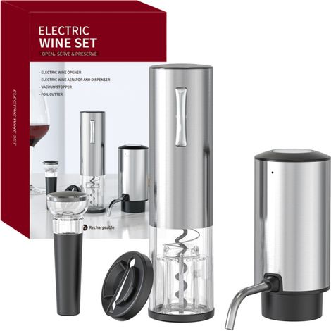 Electric Wine Pourer - Stainless Steel - Rechargeable Lithium Battery - Aerator Dispenser With Corkscrew Foil Cutter Vacuum Stopper - 1 Set (1/5)