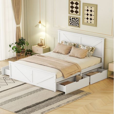 Letto adulti 160x200 cm con 4 cassetti portaoggetti, in legno, senza materasso, bianco (1/5)