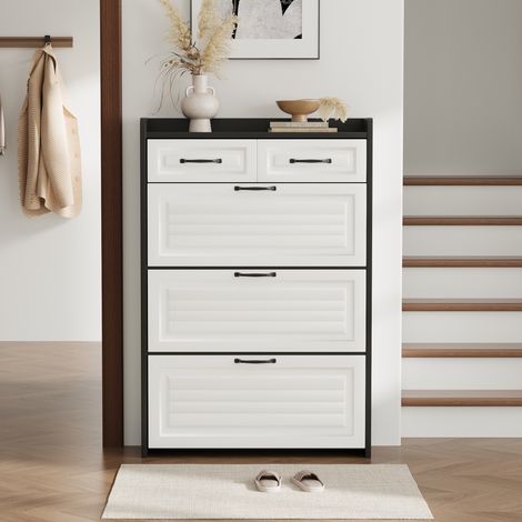 Schuhschrank 80 x 23,5 x 131 cm – mit 3 großen Klappen und 2 Schubladen – aus schwarzem und weißem Holz