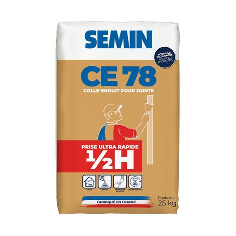 Semin – Enduit de rebouchage 5 kg – Prise rapide 1/2 heure – Pour joints de plaques de plâtre – Application facile en chantier humide