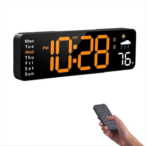 Horloge murale numérique, grand écran, réveil LED filaire avec date, jour de la semaine, température, humidité, alarme automatique et compte à rebours. (1/5)