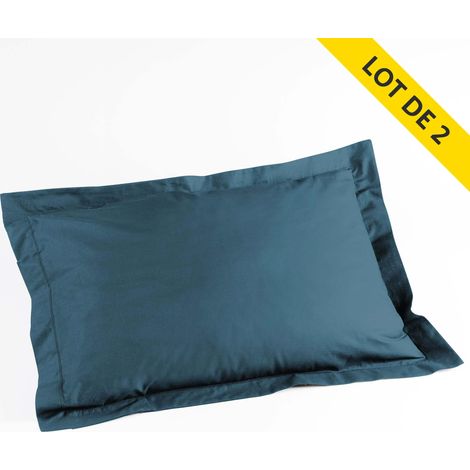 Lot 2 taies d'oreiller volant plat 50x70 uni 57 fils lina + pt bourdon Bleu nuit