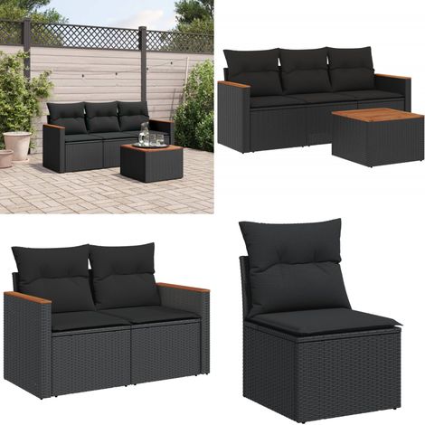 Salon de jardin 4 pcs avec coussins noir résine tressée - Ensemble Salon De Jardin - Mobilier Extérieur - Canapé Jardin - Table Jardin - Chaise Lounge - Home & Living (1/5)