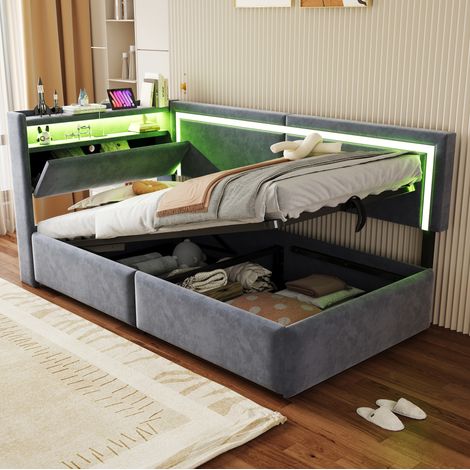 Sofá cama 90 x 200 cm con almacenaje, LED, puertos USB, terciopelo gris OKMYHOME (1/5)