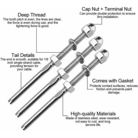 NALOOKAMIC Raccord de câble en acier inoxydable pour gréement Écrou à chapeau Barre droite Raccords de câble pour garde-corps-1/8,10pcs