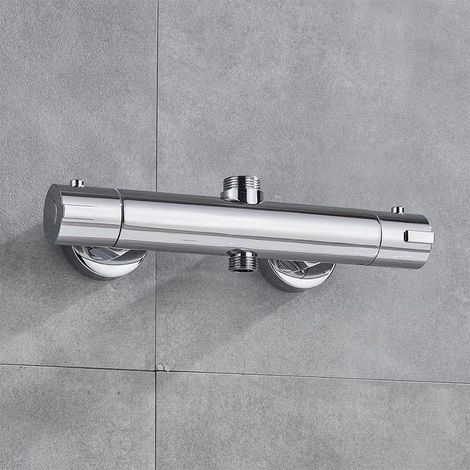 Duschmischer, Thermostat-Duschmischer mit 2 Ausgängen, oberer Ausgang 3/4" BSP (26,4 mm) und unterer Ausgang 1/2" BSP (21 mm), runde Form, Messing, Chrom-Finish (1/5)