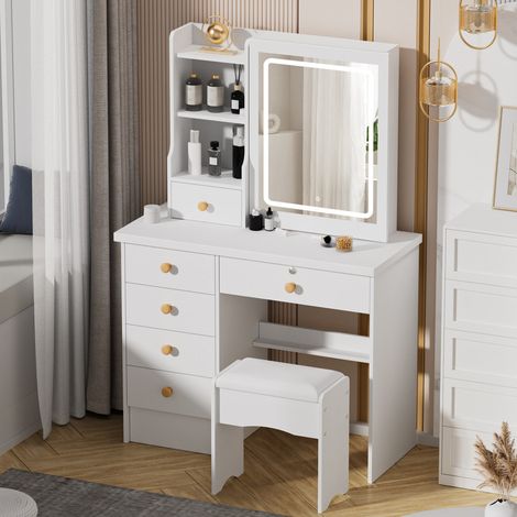 FIANAO – Coiffeuse avec miroir coulissant LED 3 couleurs – 6 tiroirs, étagères cachées, tabouret – 80 × 36 × 132 cm, blanc (1/5)