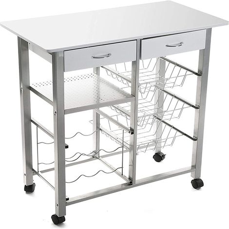 Carrello da Cucina bianco in Legno e Acciaio Piano di Lavoro 76x40 2 Cassetti 3 Cestini Porta Frutta Cantinetta 6 porta bottiglie e 4 Ruote (1/5)