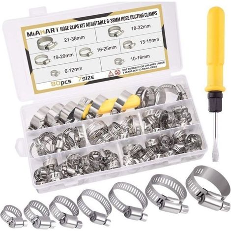 ( )60 Pieces Stainless Steel Hose Clamps 6-38mm Adjustable Steel Hose Clamps Adjustable Clips Assortment of 7 Sizes (1/4)