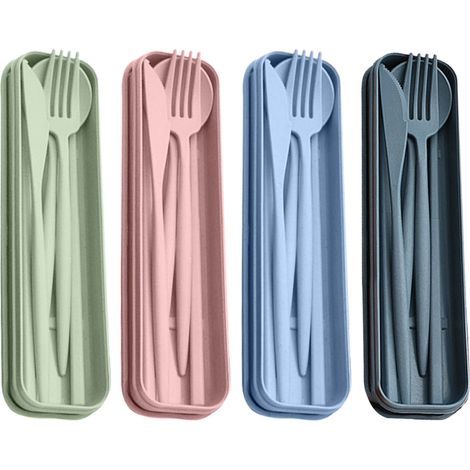 Couverts En Paille De Blé - Ensemble Réutilisable De 4 Sets Avec Étui De Transport - Pour Pique-Nique Voyage Bureau Camping (1/5)