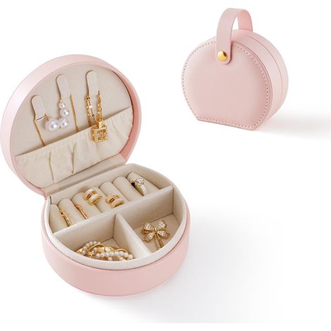 Joyero de viaje, pequeño joyero de viaje de piel sintética, elegante joyero para mujer, para collares y pendientes (rosa)