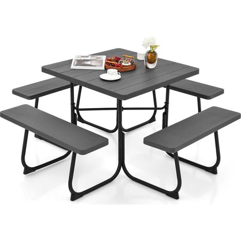 COSTWAY Conjunto de Mesa de Camping con Banco, 8 Personas, Mesa Camping Cuadrado con 4 Bancos,HDPE, Orificio para Sombrilla, Mesa y Sillas Jardin Patio Terraza (Negro) (1/5)