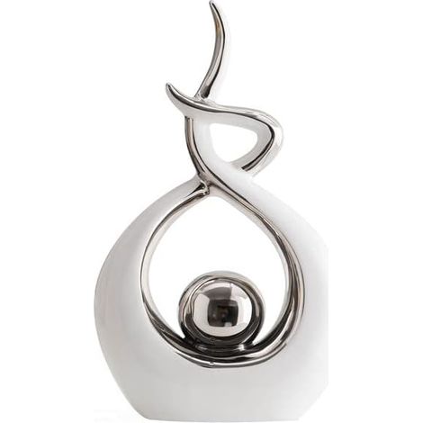 Statue en Céramique, Sculpture Moderne, Décoration d'art Abstrait, Décoration de Table pour Salon, Chambre à Coucher, Salle à Manger, Bureau (Blanc et Argent, Petit) (1/5)
