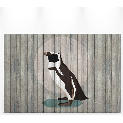 Tableau géométrique pingouin sur fond effet bois | Tableau animaux gris pour chambre enfant | Tableau gris moderne bureau 0,9 x 0,6 m (1/5)