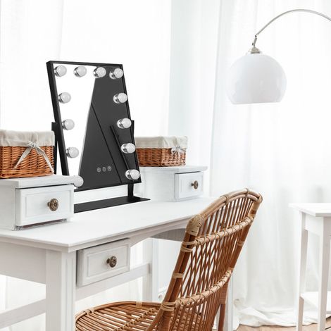 Miroir de Maquillage Hollywoodien avec Lumières, Grand Miroir de Courtoisie Eclairé avec 3 Couleurs de Lumière et 12 Ampoules LED à Intensité Variable, Ecran Tactile Rotation à 360 Degrés, Noir (1/5)