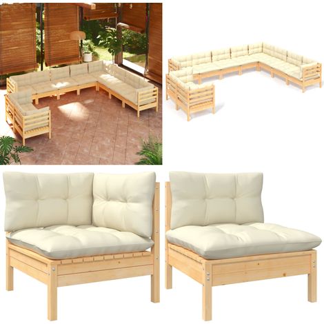 10-tlg. Garten-Lounge-Set mit Creme Kissen Massivholz Kiefer - Gartenzubehör - Gartenmöbel - Lounge Set - Kiefernholz Möbel - Outdoor Furniture - Home & Living (1/5)