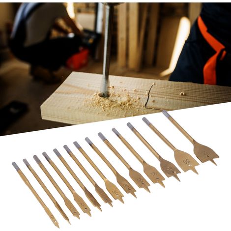 13 Pièces Mèches à Bois Plat en Acier au Carbone, Tige Hexagonale 1/4 Pouce, Set de Forêt à Palette pour Coupe de Trous