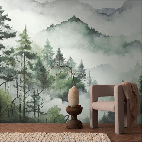 Sfondo fotografico Profhome 398991 Carta da parati TNT goffrata a caldo liscia con motivo foresta opaca verde bianco grigio 3,71 m x 2,8 m (1/4)