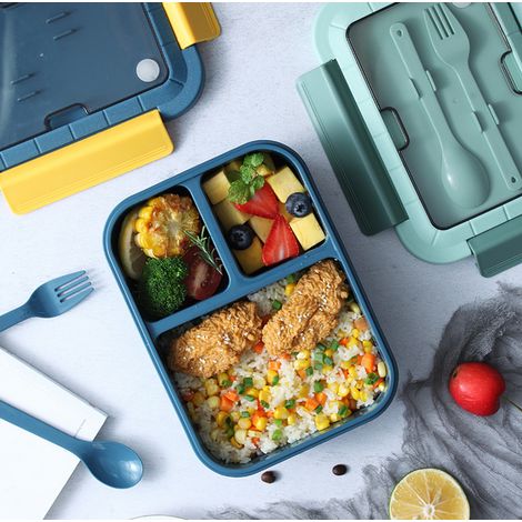 Bento-Box für Kinder, 1300 ml, 4 Fächer, mit Besteck, für Erwachsene und Kleinkinder, auslaufsicher, mikrowellen-, spülmaschinen- und kühlschrankgeeignet, BPA-frei (Weizenblau).