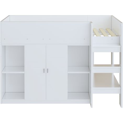 Cama alta 90 x 200 cm con almacenaje, armario y estanterías, blanco (1/5)