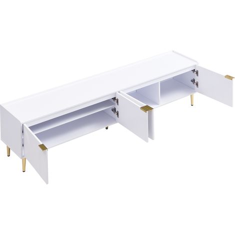 Meuble TV blanc avec portes sculptées 3D et éléments dorés, 170 x 35 x 47,5 cm (1/5)