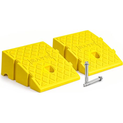 VOUNOT® Juego de 2 Rampas para Bordillos Portátil Rampa de Acceso para Coche Antideslizante Rampa Umbral para Aceras con Pernos Fijación 25x27x11cm Amarillo (1/5)