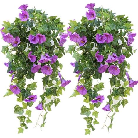 2 piezas de flores artificiales colgantes, flores artificiales de plástico, enredadera de gloria de la mañana, jardines, porches, aleros (1/5)