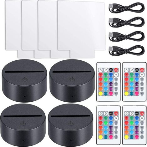 Lot de 4 supports de lampe LED 3D lumineux avec 4 plaques acryliques transparentes, télécommande et câble de chargement, 16 couleurs réglables et 4 modes pour bar (carré)
