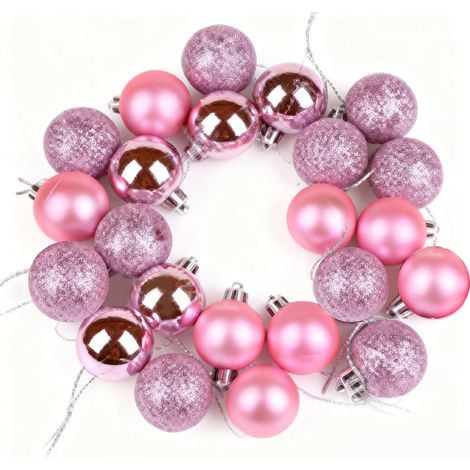 24 boules de Noël mates et brillantes de 3 cm en plastique électroplaqué, pour la décoration du sapin de Noël, couleur rose. (1/4)