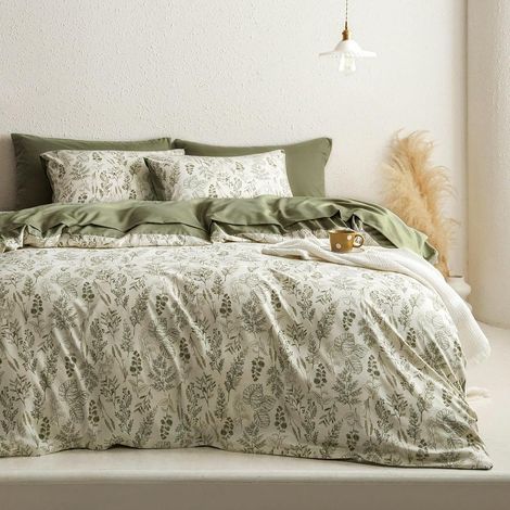 Housse de Couette 220x240 Adulte Vert Feuilles Fleurs Parure de lit (1/5)