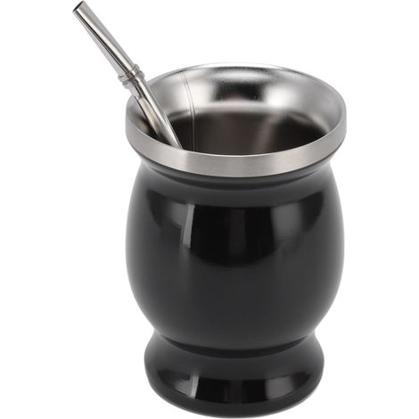 Schwarzer spanischer Mate-Becher, 230 ml, doppelwandig, Edelstahl 304, südamerikanischer Stil, für Tee, Kaffee und andere Getränke (1/5)
