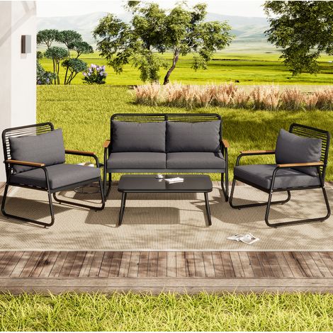 Salon de jardin 118/65/78 cm noir en métal et polyester avec table en verre trempé (1/5)