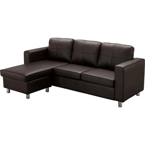 Vente-Unique – Canapé d'angle convertible réversible 4 places – Simili marron chocolat – Structure bois et pieds métal – Confort équilibré (1/5)