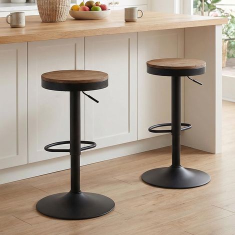 Lot de 2 Tabourets de Bar Noir en Bois Massif, Tabouret Bar Réglable en Hauteur 56–80 cm, Pivotant 360°, Style Industriel, Tabouret de Bar sans Dossier Cuisine Îlot (1/5)