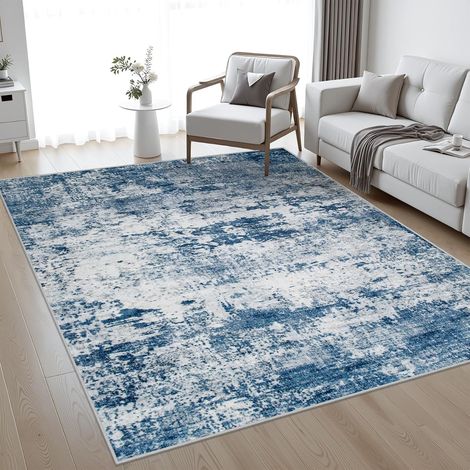 Tapis abstrait bleu 140 x 200 cm – Design rétro effet vieilli – Tapis de sol décoratif pour salon et chambre (1/5)