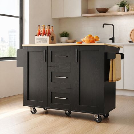 Isola da cucina pieghevole con ruote, 3 cassetti, 135 x 46-74 x 86,6 cm, nero DESVIAE (1/5)