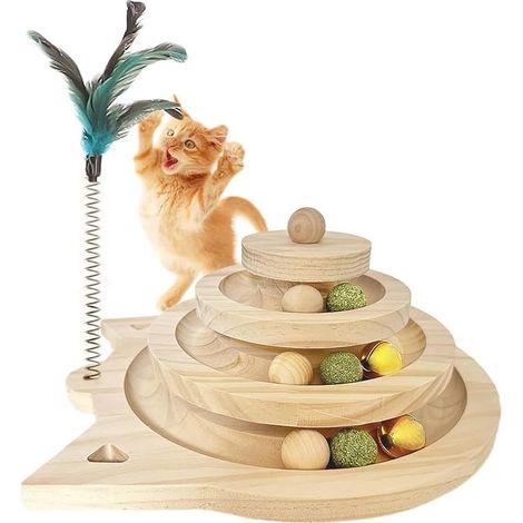 Interaktives Katzenspielzeug aus Holz: Dreistöckiger Kugelspielturm für Katzenwelpen im Innenbereich (1/5)