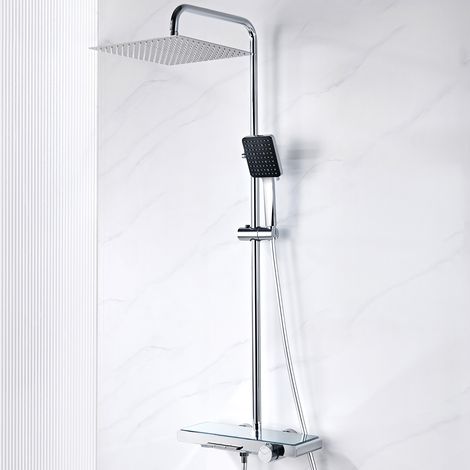 Auralum Max Thermostat Duschsystem Matt mit Armatur - Regendusche 30x30 cm, 6 Strahlarten Handbrause, Duschsäule mit Duschablage & Wanneneinlauf, Höhenverstellbar, Chrom (1/5)