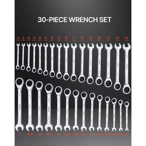 Jeu de Clés Mixtes 30PCs, Clés à Cliquet SAE 1/4"-1" et Métrique 8-24 mm, Ensemble de Clés en Acier Cr-V, avec Support de Rangement… (1/5)