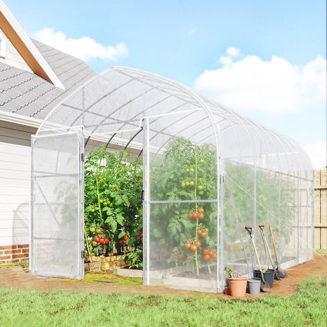 Serre Tunnel de Jardin 12m² Film PO Anti-goutte Acier Galvanisé 25mm Structure Renforcée 2 Portes Battantes Transparent (1/5)
