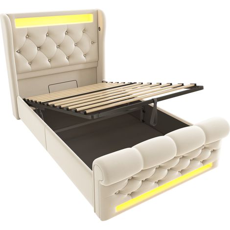 Letto singolo imbottito 90x200 cm in velluto beige con LED, vano contenitore e porte USB e Type-C (1/5)