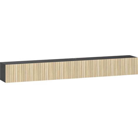 Meuble TV mural 140cm, support TV pour écran 72 pouces, meuble bas avec 2 portes battantes, 140x25x22cm, bois naturel et noir (1/5)