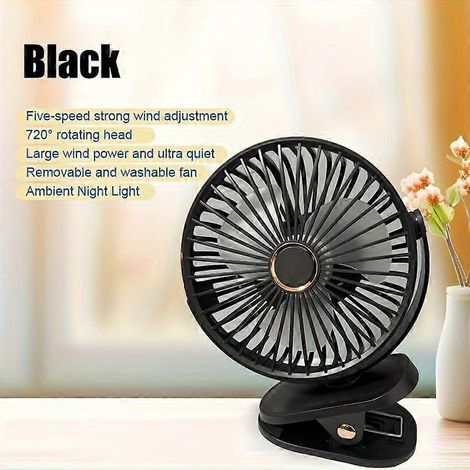 Ventilador de escritorio portátil con clip, recargable por USB, 5 velocidades con cabezal giratorio de 720°, cubierta extraíble y lavable y luz nocturna, flujo de aire potente y ultra silencioso para (1/5)