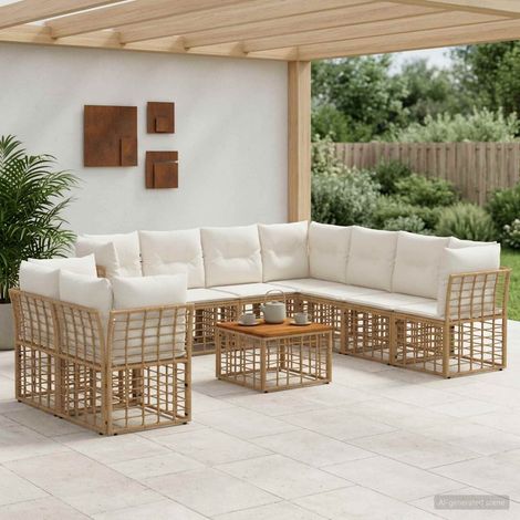 vidaXL Conjunto de sofás de exterior 10 uds. Natural y Crema Poliéster (1/5)