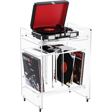 Support pour Platine Vinyle en Acrylique, Table d’appoint Transparente à roulettes, Rangement à 3 Niveaux (Transparent) (1/5)