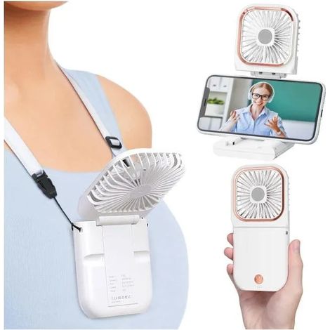 Ventilateur portable à main rechargeable, support pour téléphone intégré, 3 vitesses, ventilateur de voyage pliable, blanc (1/5)
