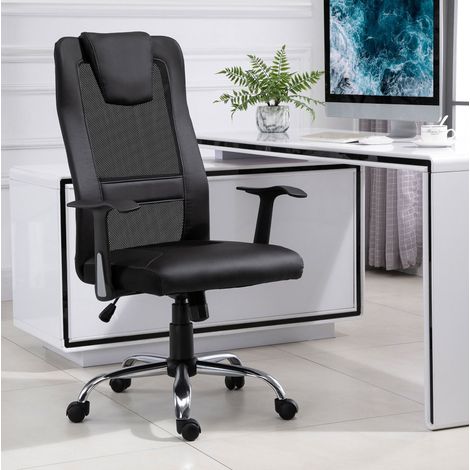 Silla de oficina ergonómica de polipiel negra, soporte lumbar y reposacabezas, balanceo, 66x73x108-118 cm (1/5)