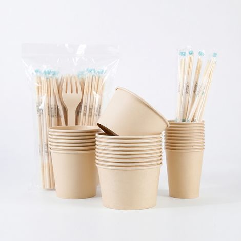 Set jetable papier : bols, baguettes et gobelets, paquet individuel