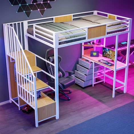 Letto a soppalco con scrivania 90x200 cm - Letto rialzato in metallo con appendiabiti scaffali presa e LED - Bianco stile moderno salvaspazio