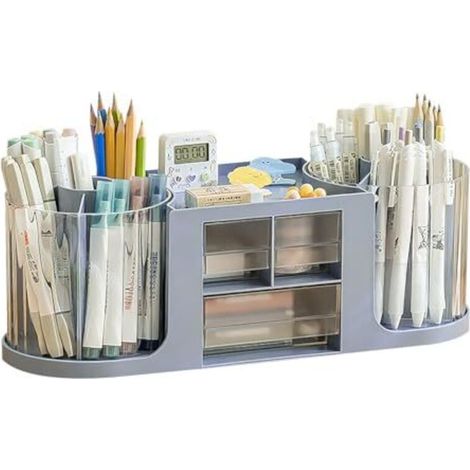 Porte-stylo, organiseur de bureau à double rotation, 14 compartiments, grande capacité, tiroir transparent à double couche, peut contenir des crayons et divers articles de papeterie (bleu)
